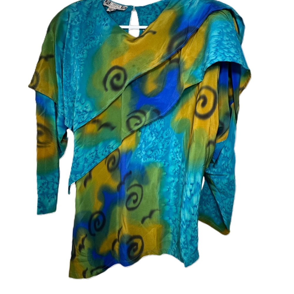 VTG‎ Chantik Silk Blouse Womens Large Sea Blue Green Asymmetrical Shoulder Pads